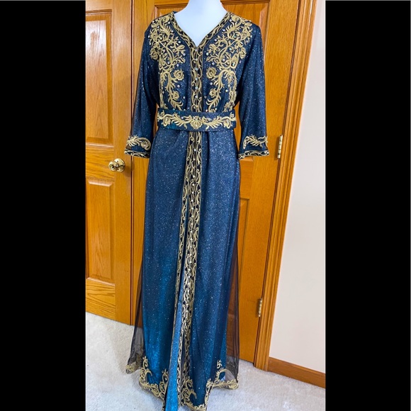 Formal Dress Sizes M & XL Blue Gold Glitter Sparkle Sleeves SULTAN Kaftan Abaya - Picture 9 of 15